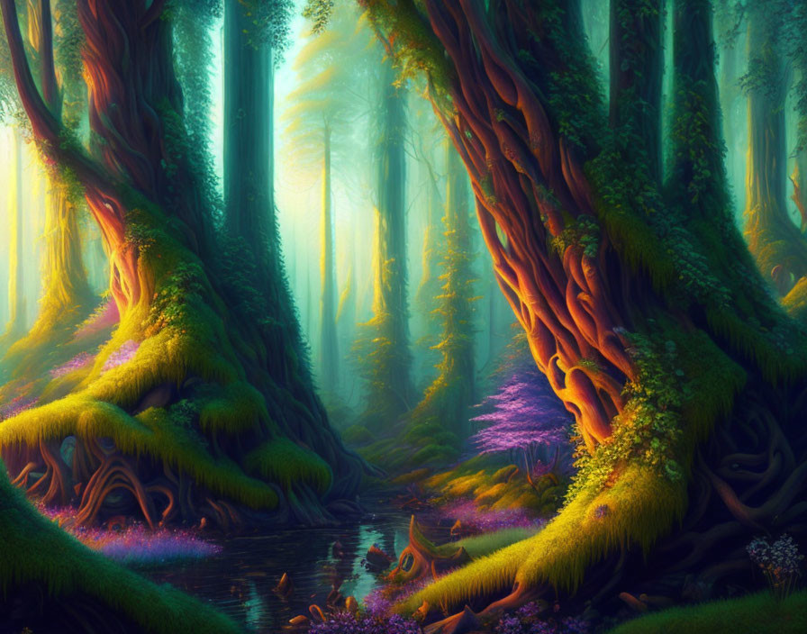 Majestic forest with towering trees, serene stream, and purple flowers