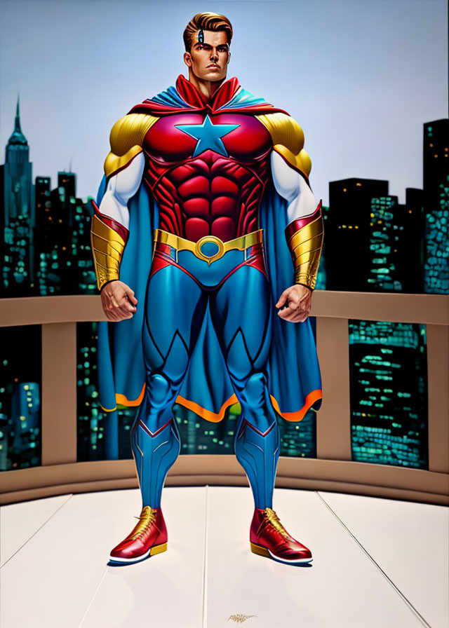 Muscular superhero in colorful costume with star emblem against cityscape.