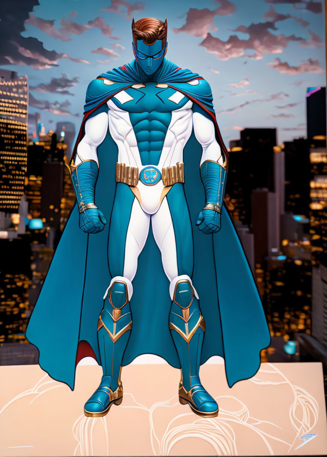 Blue-costumed superhero with white and gold accents and cape against city skyline