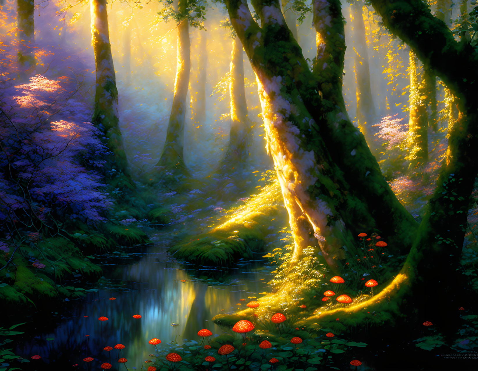 Serene forest scene with sunlight, mist, stream, and red mushrooms