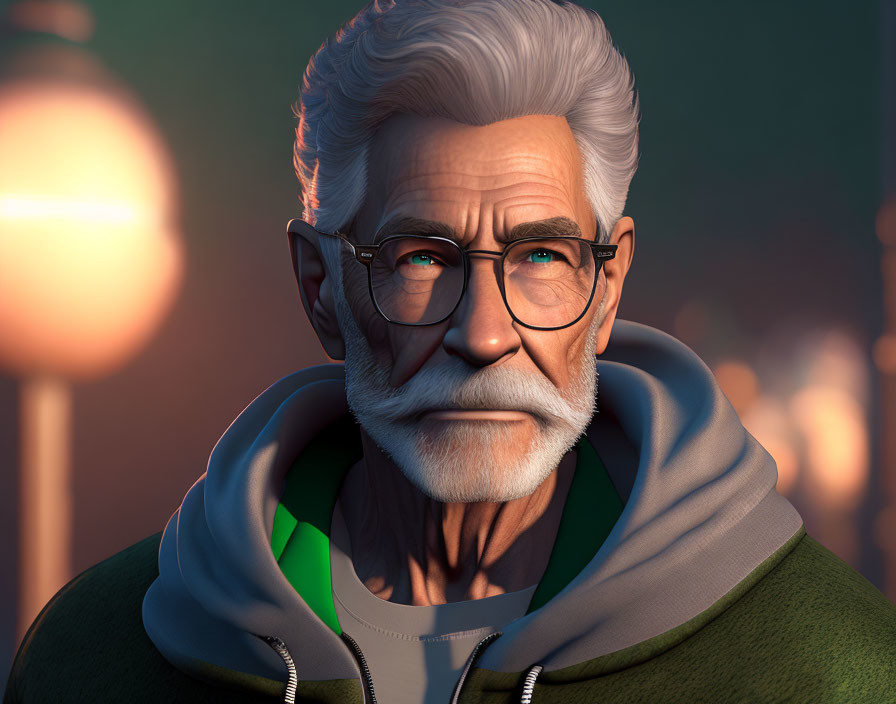 Elderly man with gray hair, beard, and glasses in hoodie, 3D-rendered