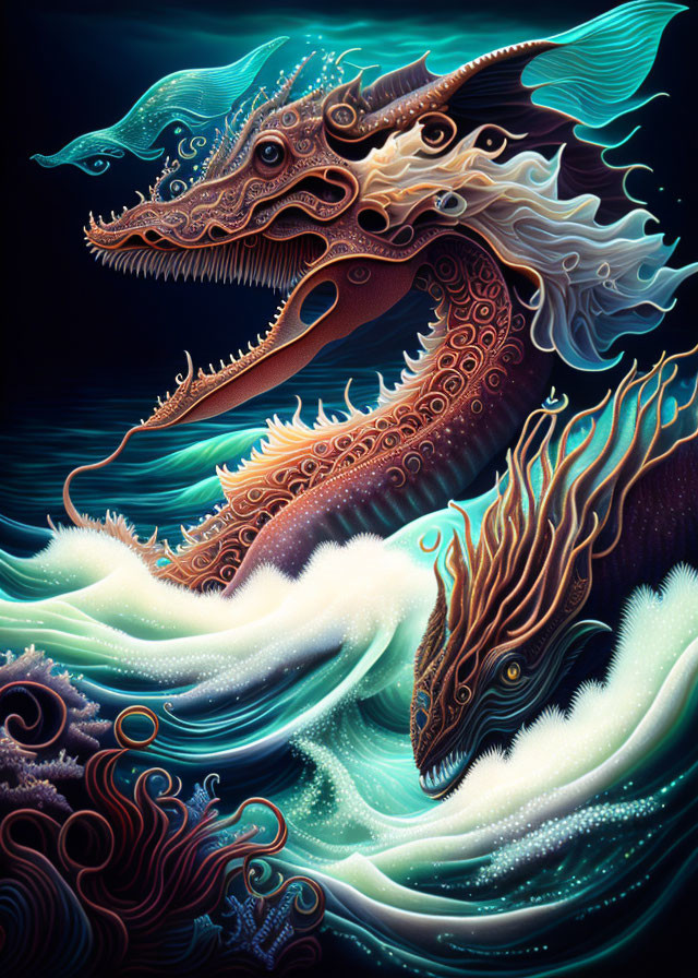 Colorful Mythical Sea Serpent Swimming in Stylized Waves surrounded by Marine Flora