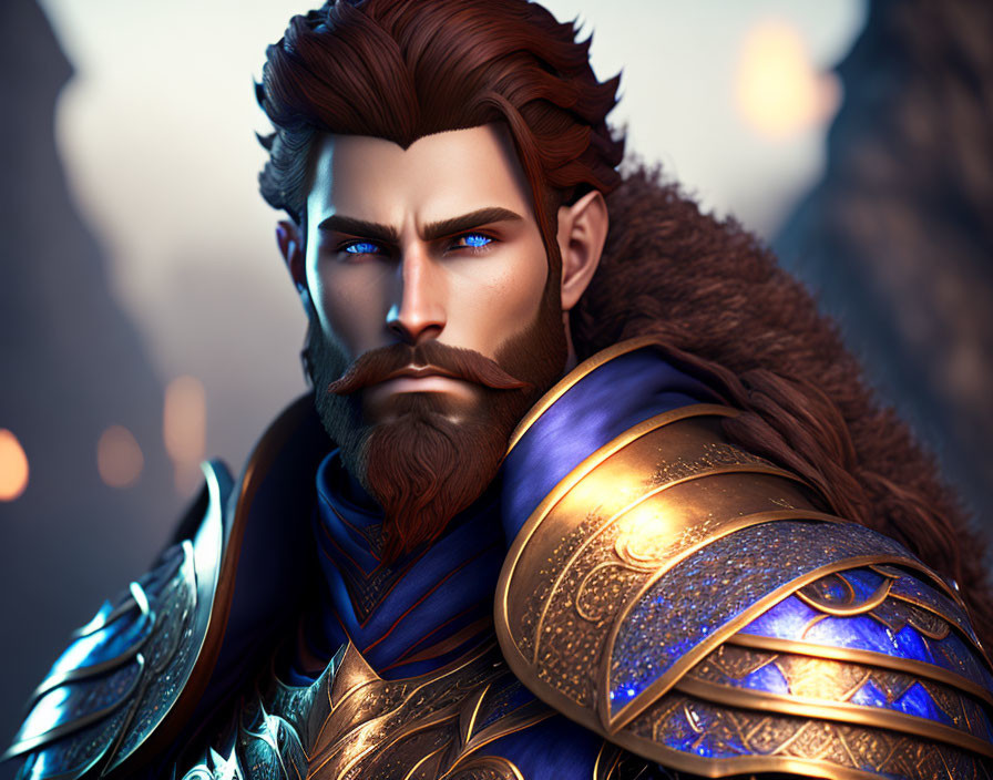 Regal bearded warrior digital artwork with detailed blue and gold armor