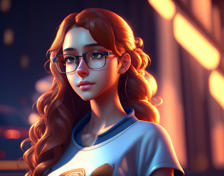 3D-rendered young woman with curly hair and glasses in warm light against dark cityscape