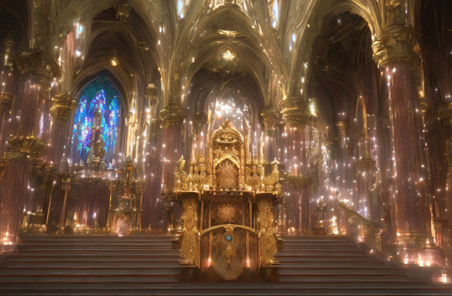 Golden Throne in Grand Cathedral with Gothic Arches and Stained Glass