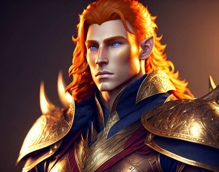 Male fantasy character with orange hair, blue eyes, and golden armor on dark backdrop