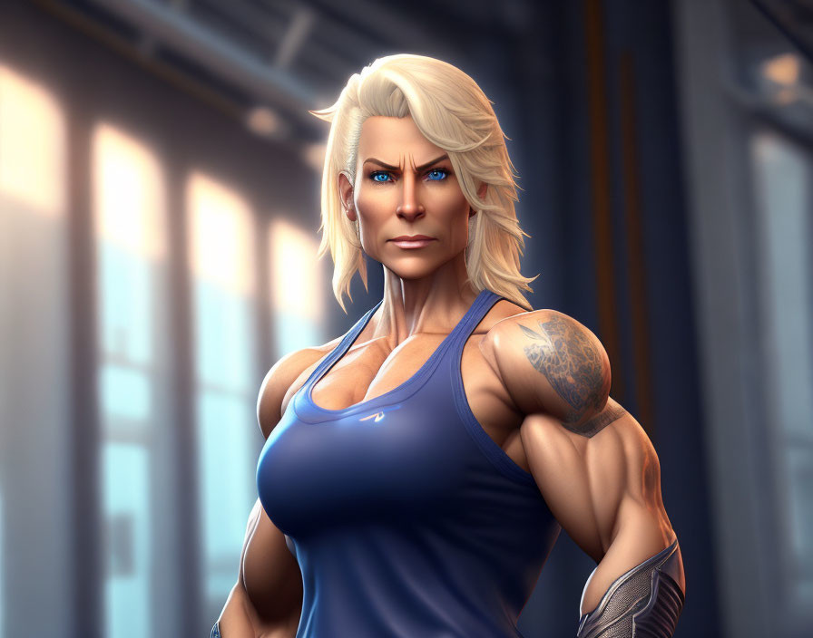 Muscular woman with blonde hair in blue tank top and tattoo against industrial backdrop