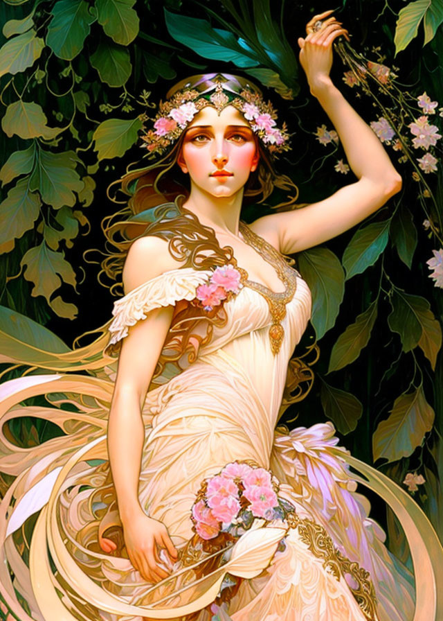 Graceful figure in floral crown and flowing dress amidst lush green foliage