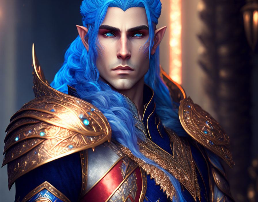 Blue-skinned elf in ornate golden armor with jewels