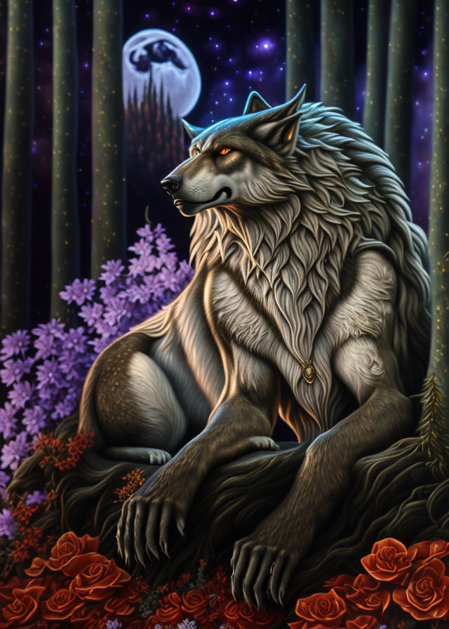 Majestic wolf with gold amulet in floral night scene