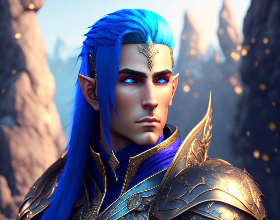 Fantasy elf with blue hair in golden armor on rocky background