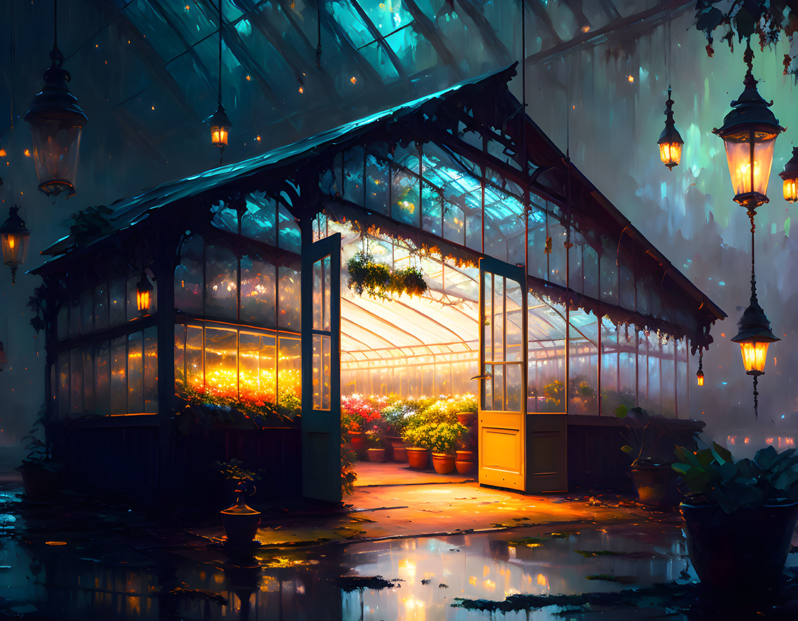 Nighttime greenhouse with warm lanterns and vibrant plants reflected on wet paving