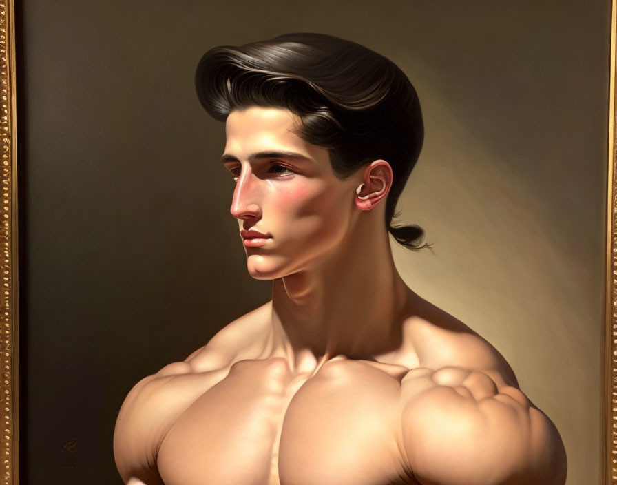 Realistic painting of muscular shirtless man with slicked-back hair