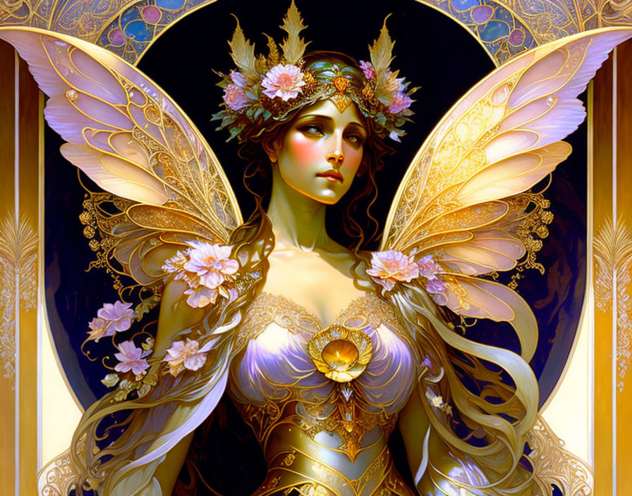 Golden-winged female figure with floral crown on golden backdrop, intricate designs.