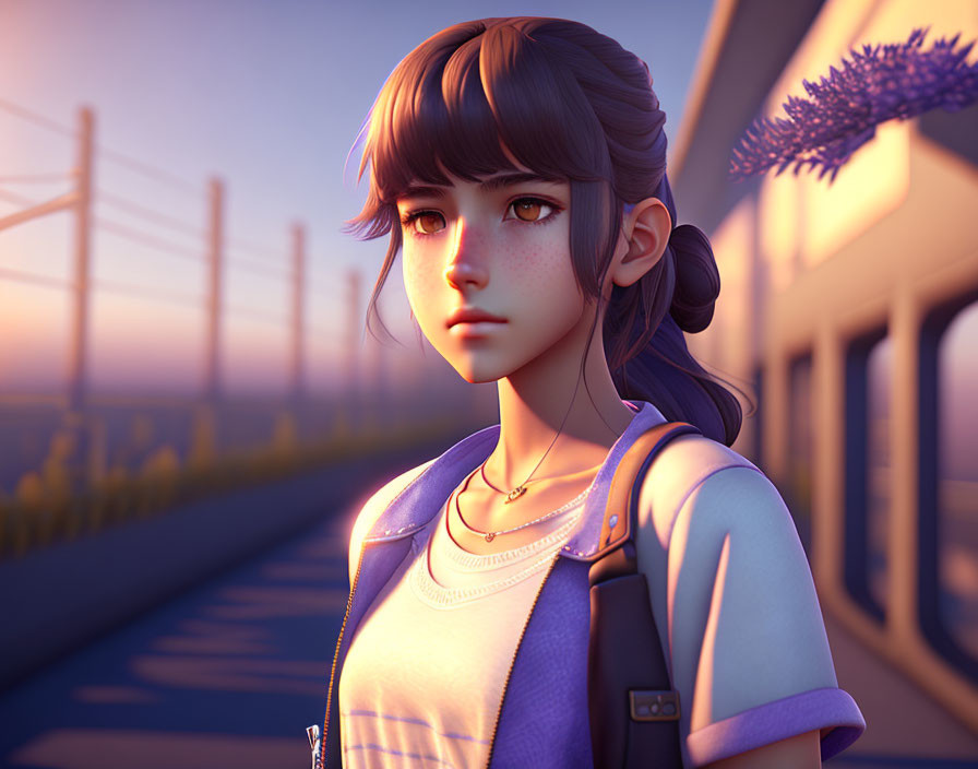 Animated girl with backpack at train station during sunset