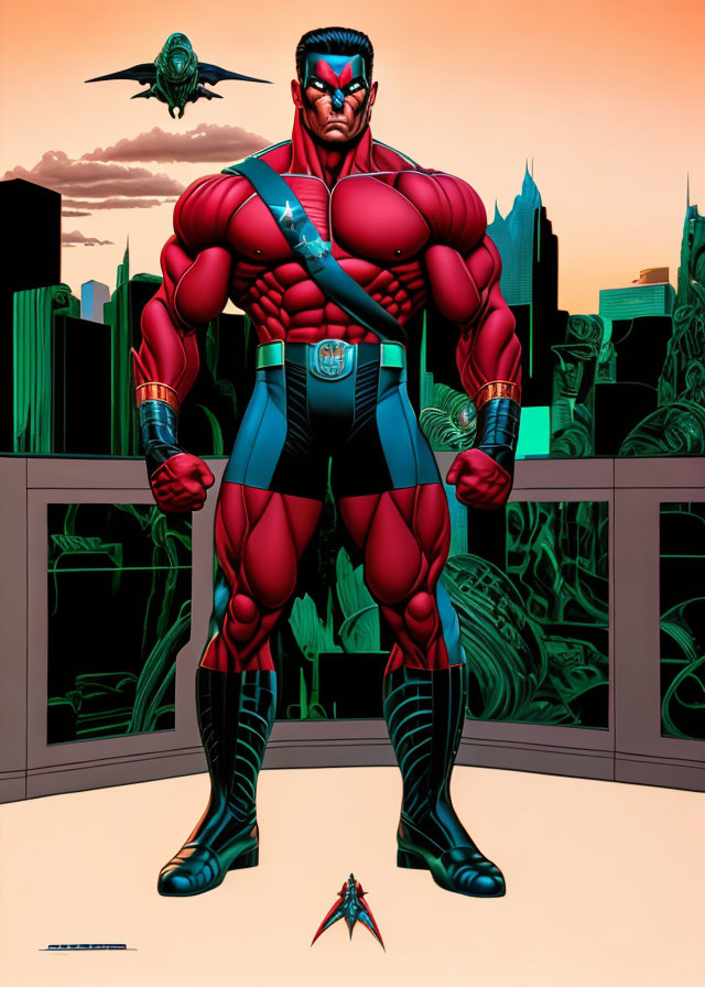 Muscular red-skinned superhero in blue and black suit with gold belt and red cape against futuristic city