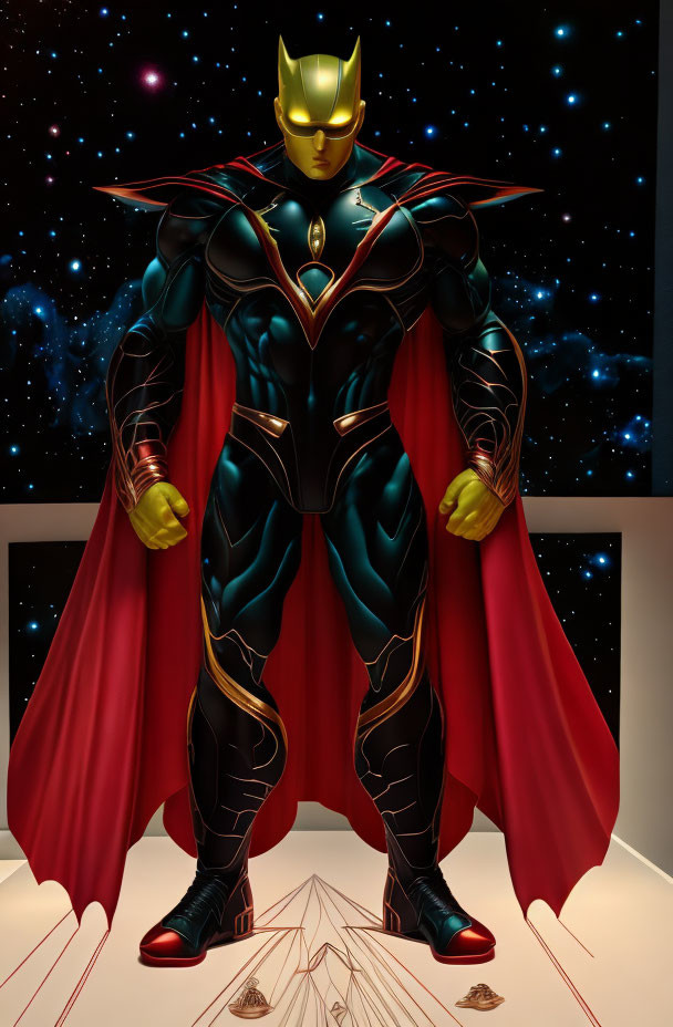 Superhero in Black and Blue Suit with Gold Accents and Cape against Starry Space Background