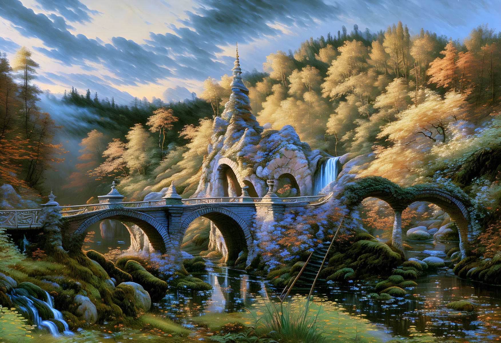 Fantasy landscape with ornate bridge, waterfall, rock structure, autumn trees, warm sky