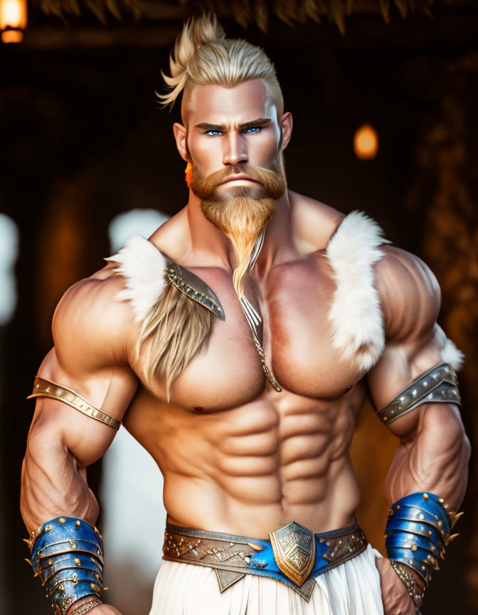 Blond, bearded animated character in fur-trimmed armor and gauntlets.