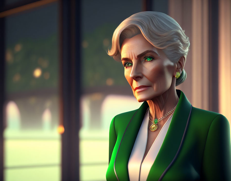 Mature animated woman with white hair and green eyes in green blazer by window