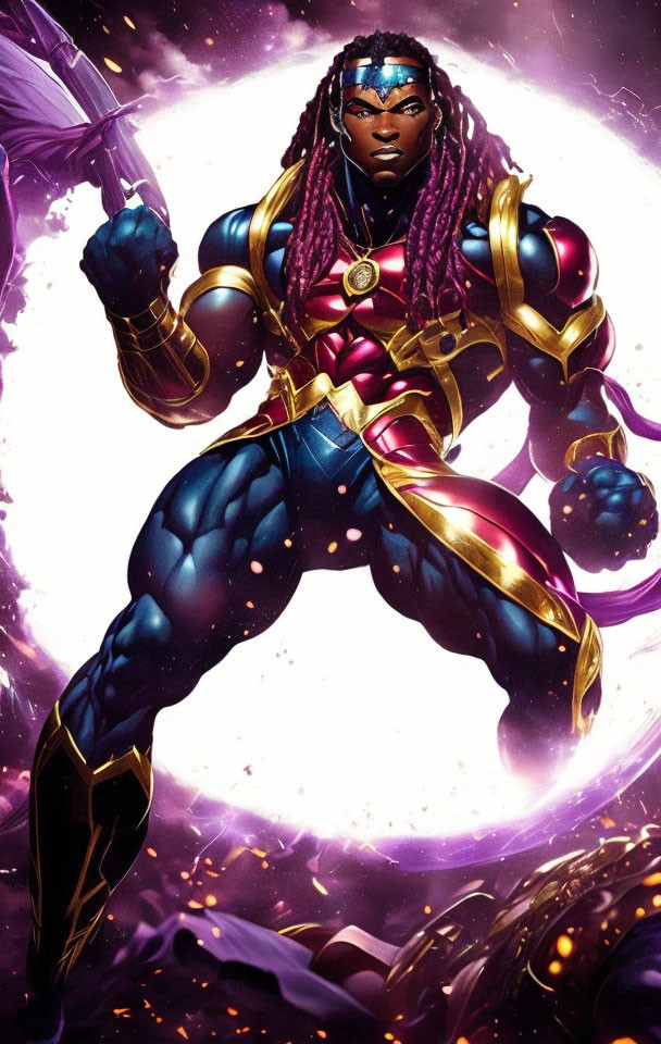 Muscular superhero in golden armor with braided hair in cosmic setting