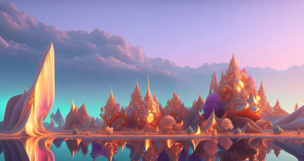 Vibrant pastel surreal landscape with alien-like trees and calm water.