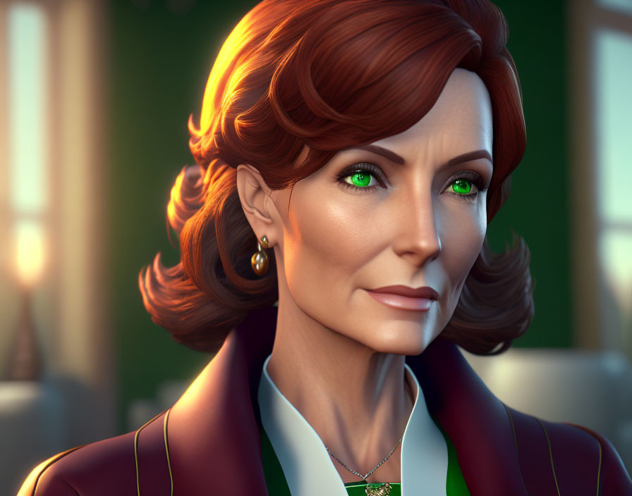 Auburn-Haired Woman in Green Blazer Radiating Confidence