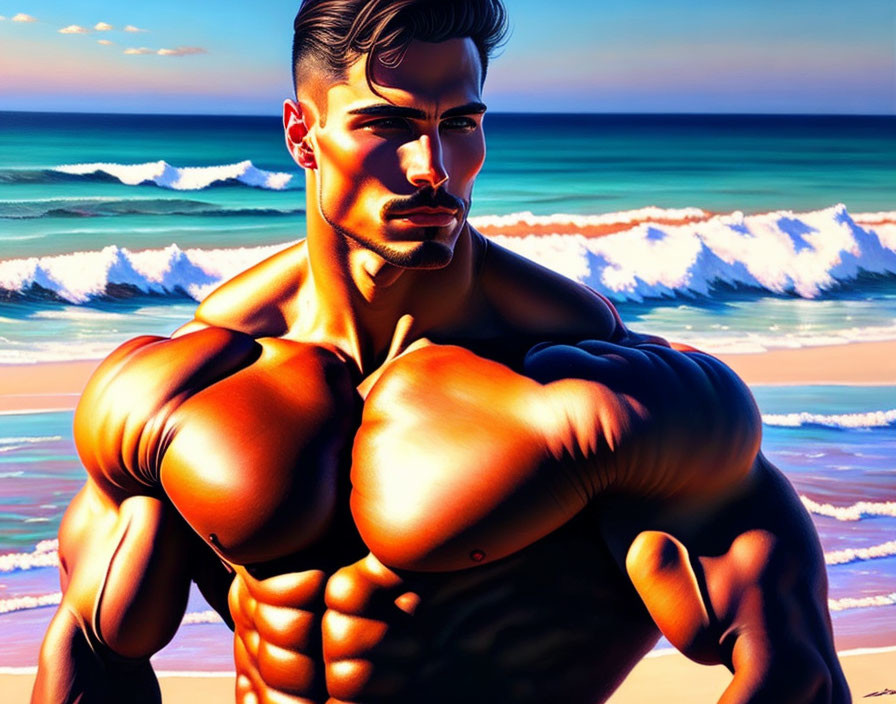 Muscular man posing on beach with waves in hyper-realistic style