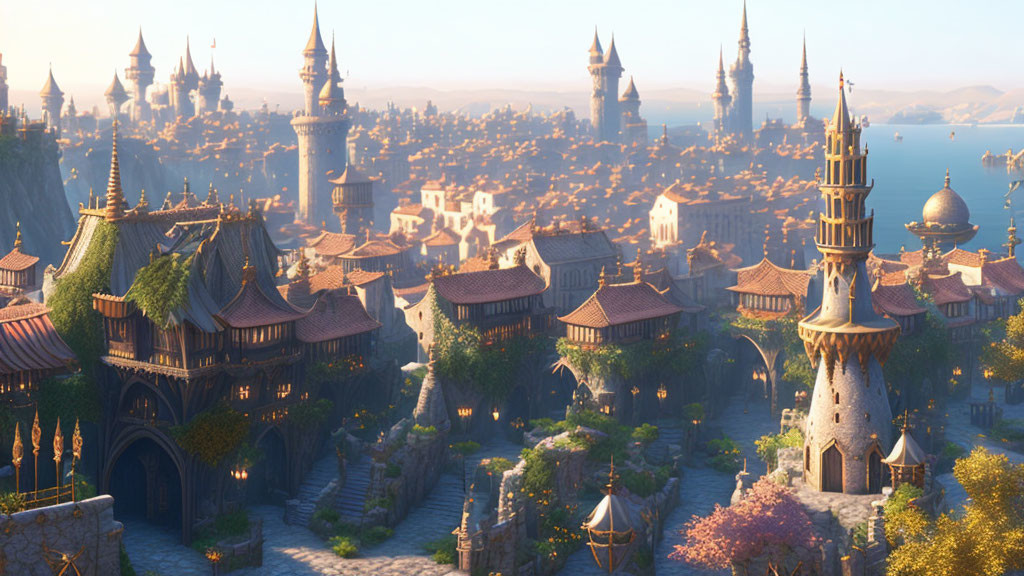 Medieval fantasy city with tall spires, terracotta rooftops, castle, lush greenery