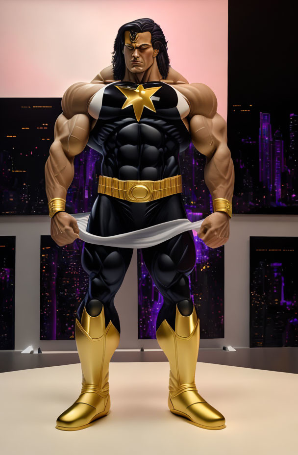 Muscular superhero in black and gold costume against cityscape.