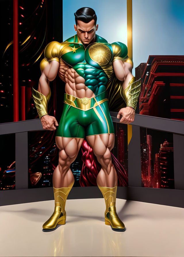 Muscular superhero in green and gold costume against night cityscape