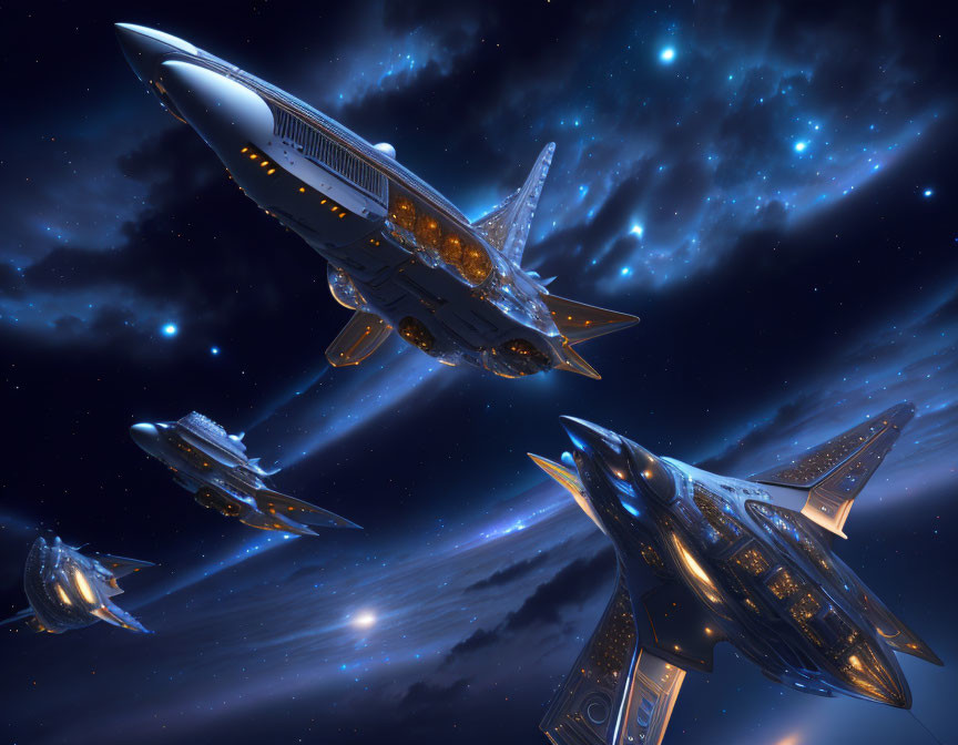 Sleek futuristic spaceships in starry sky with glowing engines