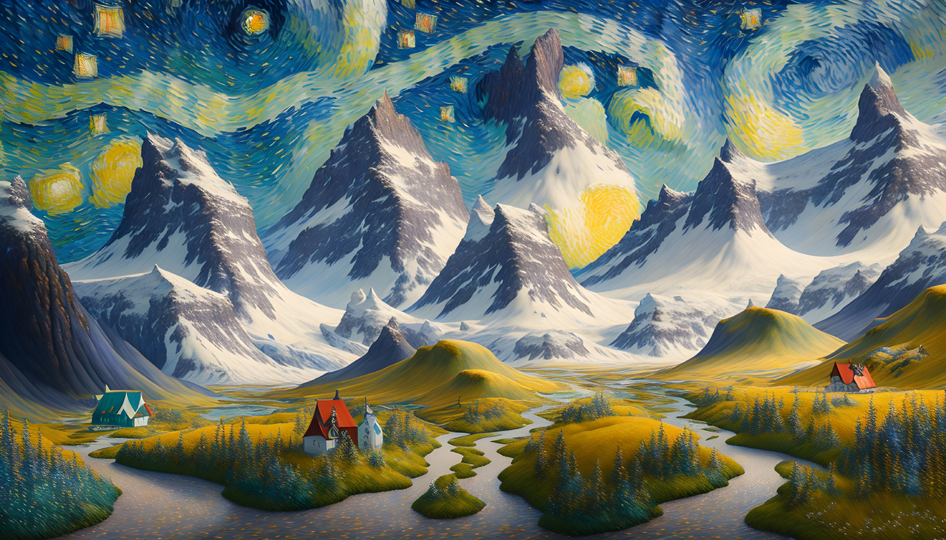 Starry night-inspired landscape with mountains, greenery & houses