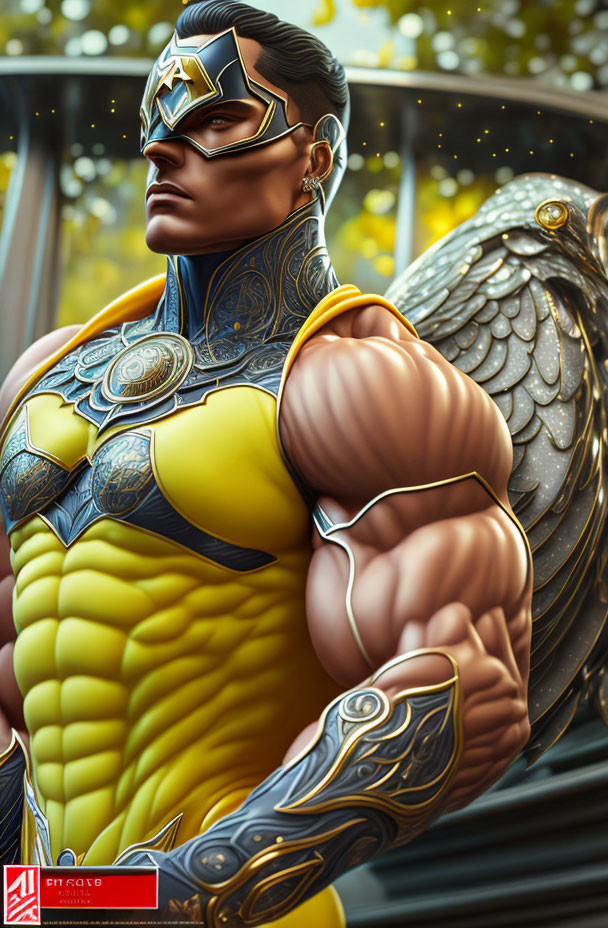 Muscular superhero with golden mask and armor in forest setting