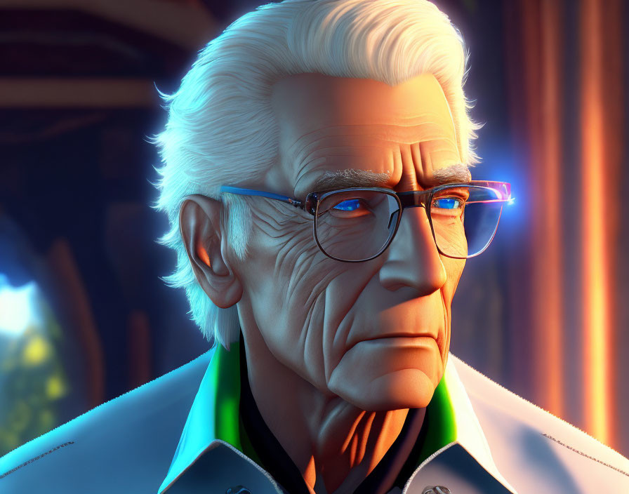 Elderly Male Character with White Hair and Glasses in 3D Render