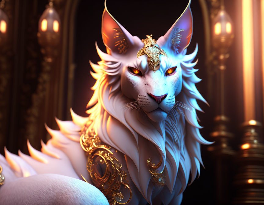 Majestic white lion adorned with golden jewelry in luxurious chamber