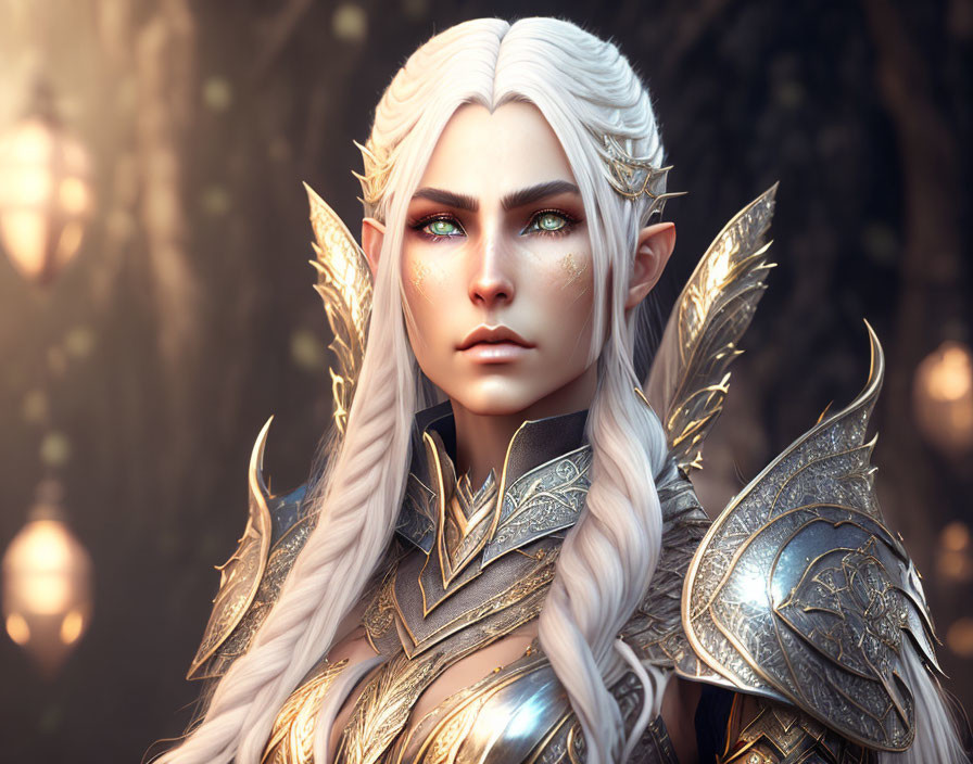 Fantasy elf with white hair, green eyes, golden face markings, and ornate armor in forest