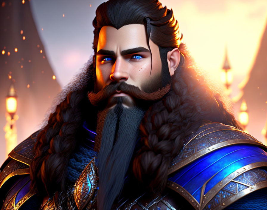 Detailed male character in blue medieval armor with braided beard against fiery backdrop