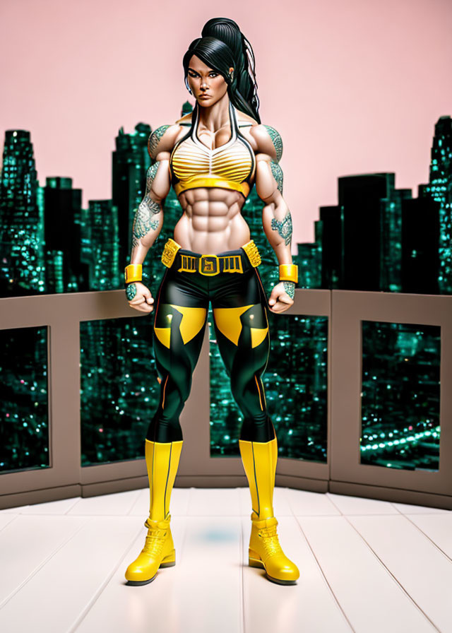 Muscular female superhero with black hair in white and yellow costume against cityscape.