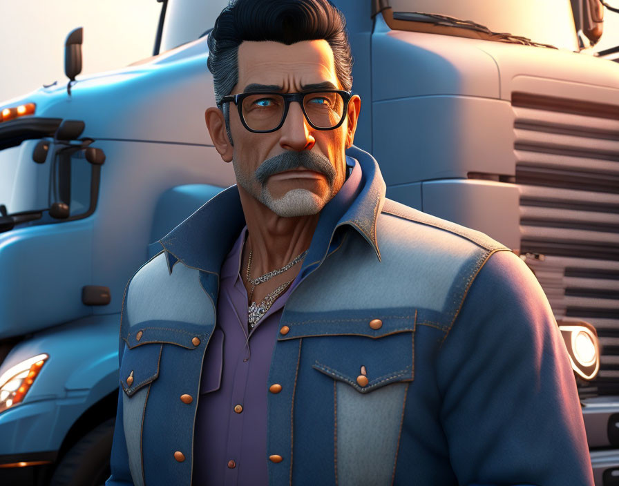 Gray-haired male character in denim attire with mustache and glasses standing by blue truck