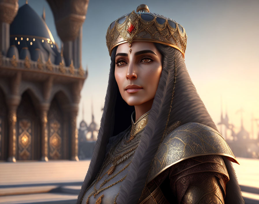 Regal woman in ornate armor and crown against architectural backdrop.