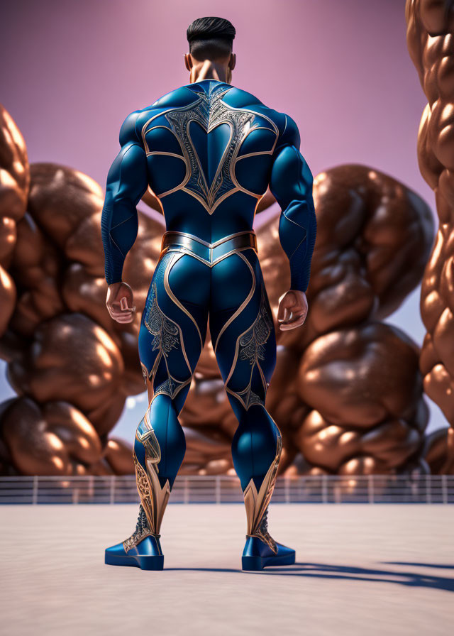 Muscular superhero in blue and gold suit against bronze statues