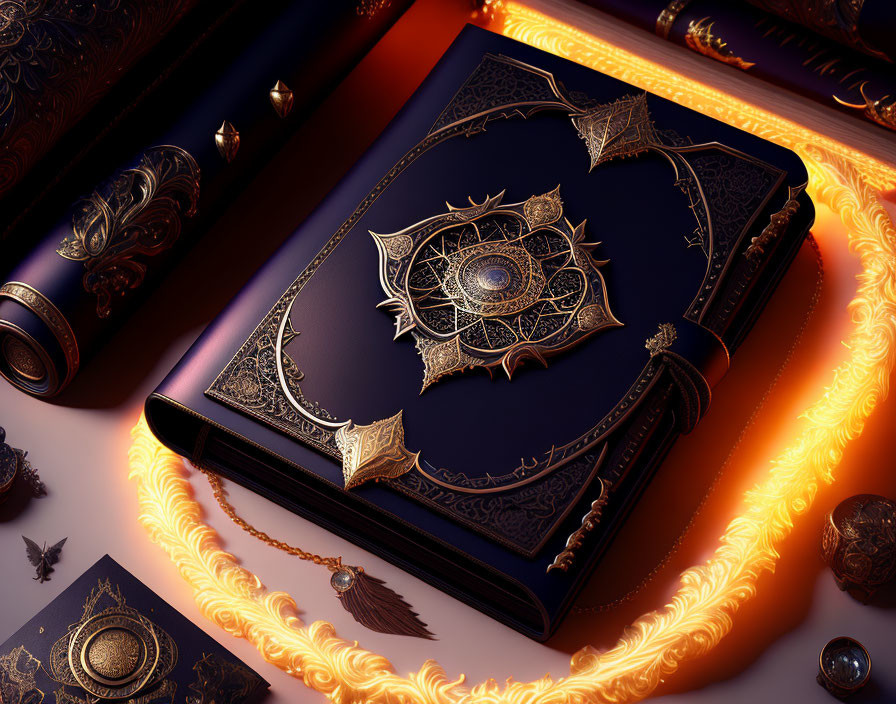 Ornate jeweled book surrounded by artifacts and orange accents