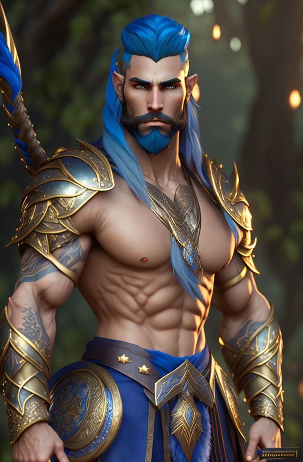 Blue-haired, bearded character in golden armor with star-patterned skirt in forest.