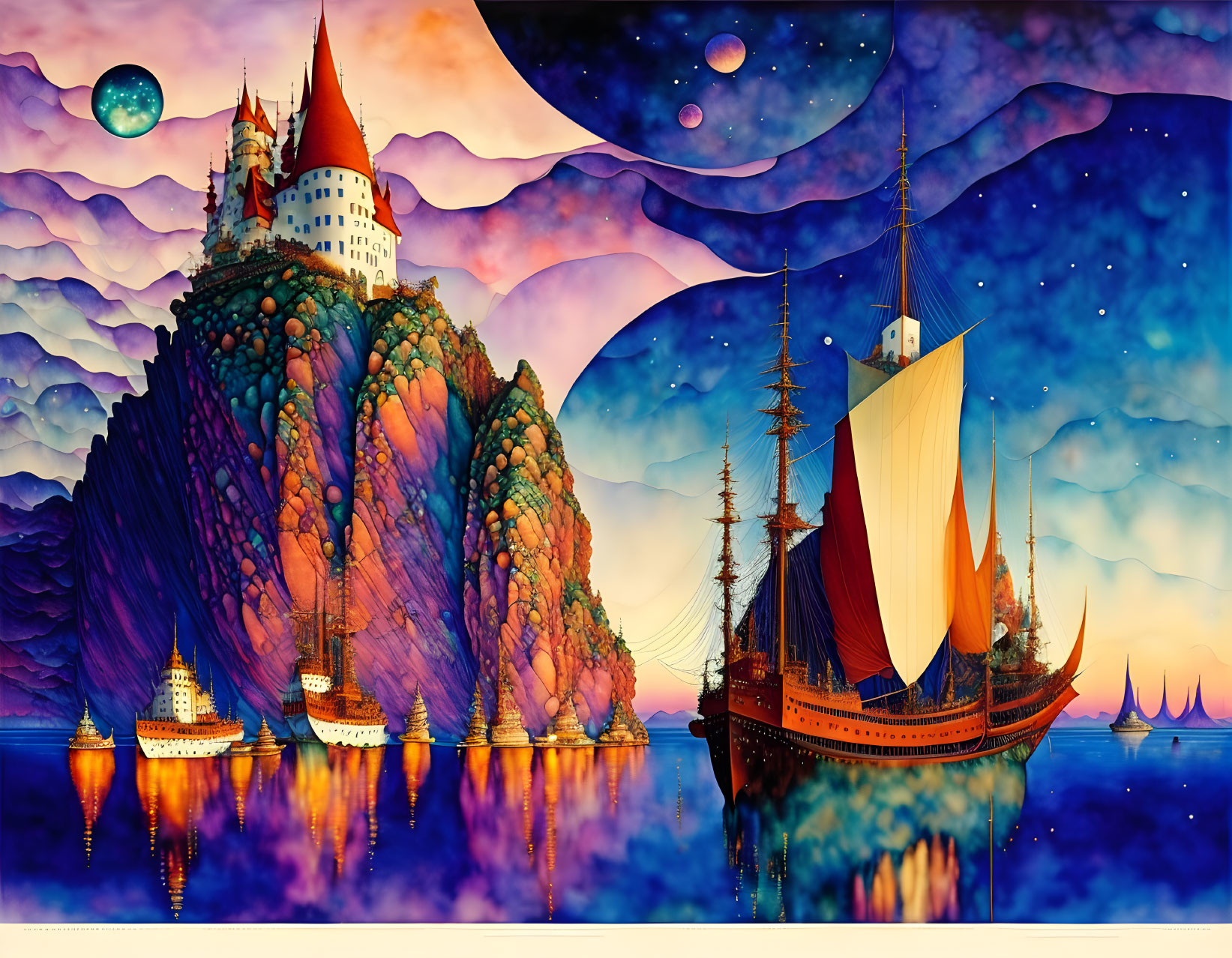 Fantasy landscape with sailing ships and castles under starry sky