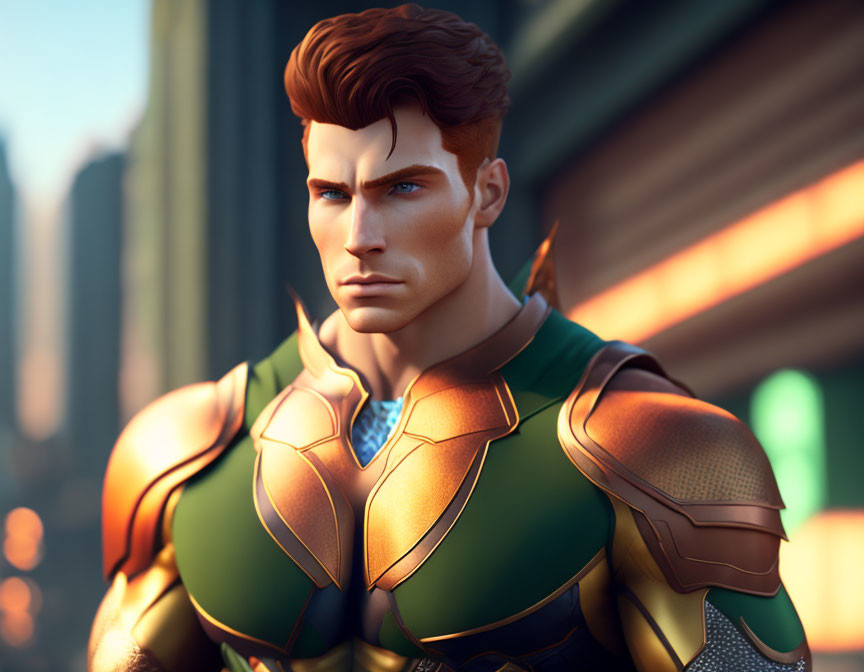 Male superhero in green and gold suit with chiseled features.