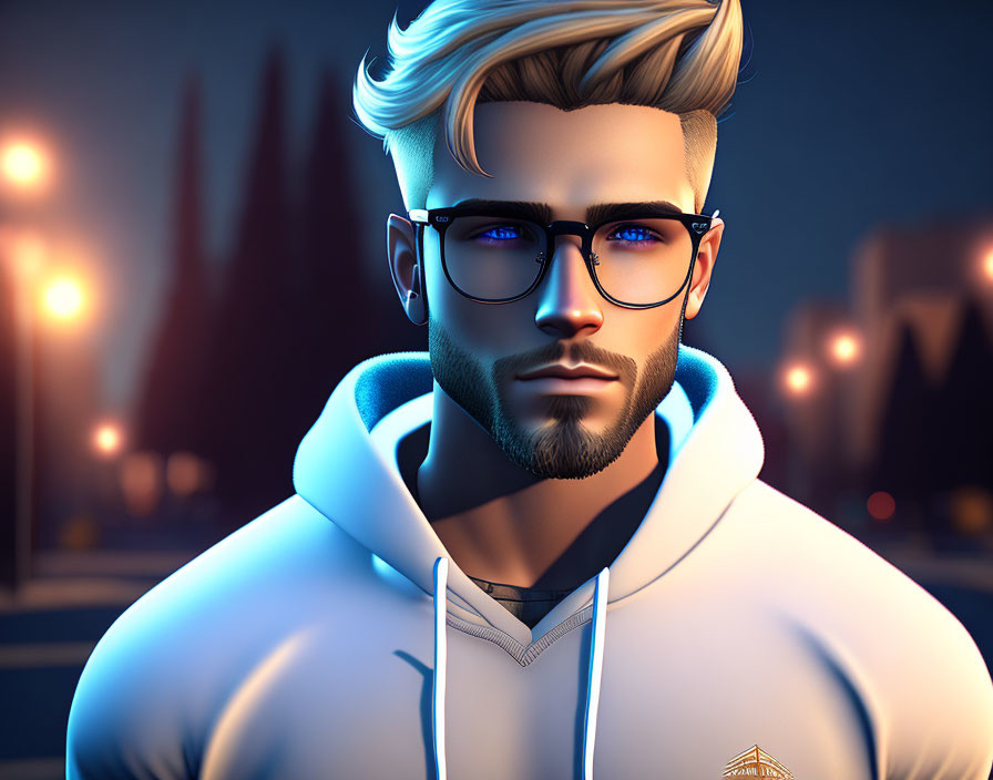 Blond-haired male character in glasses with beard, white hoodie, in city night scene