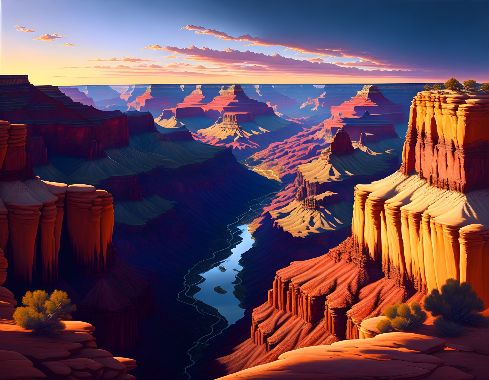 Canyon with Stratified Rock Formations and Meandering River at Sunset