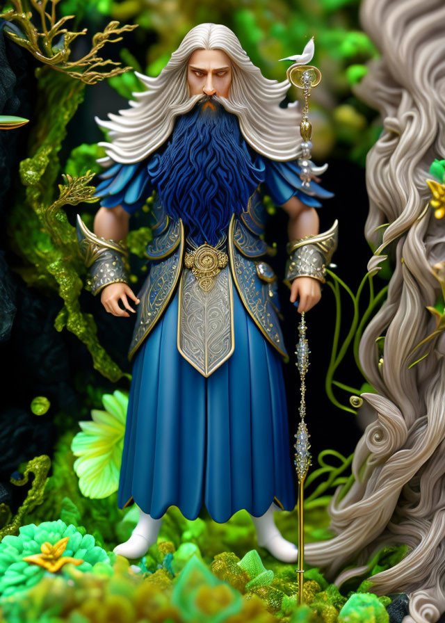 Detailed wizard figurine with white beard, blue robe, golden trim, and staff on green fantasy backdrop