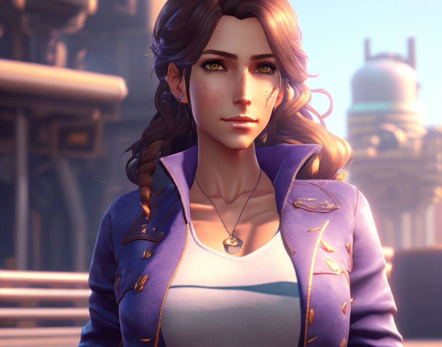 Brown-haired female character in blue jacket with necklace on fantasy/sci-fi backdrop